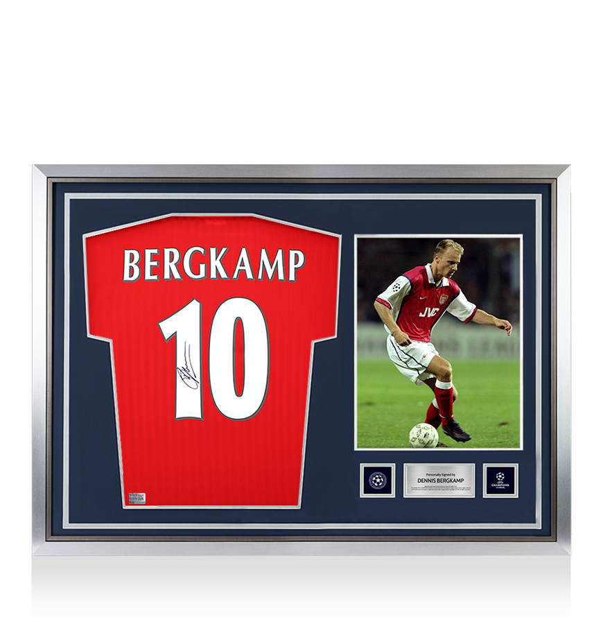 Dennis Bergkamp Official UEFA Champions League Back Signed and Hero Framed Arsenal Icon Home Shirt with Fan Style Numbers