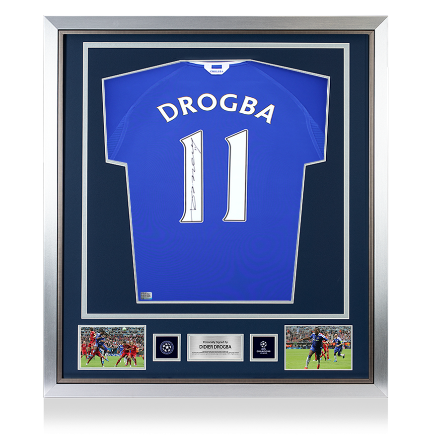 Didier Drogba Official UEFA Champions League Back Signed and Framed Chelsea 2000-01 Home Shirt with Fan Style Numbers