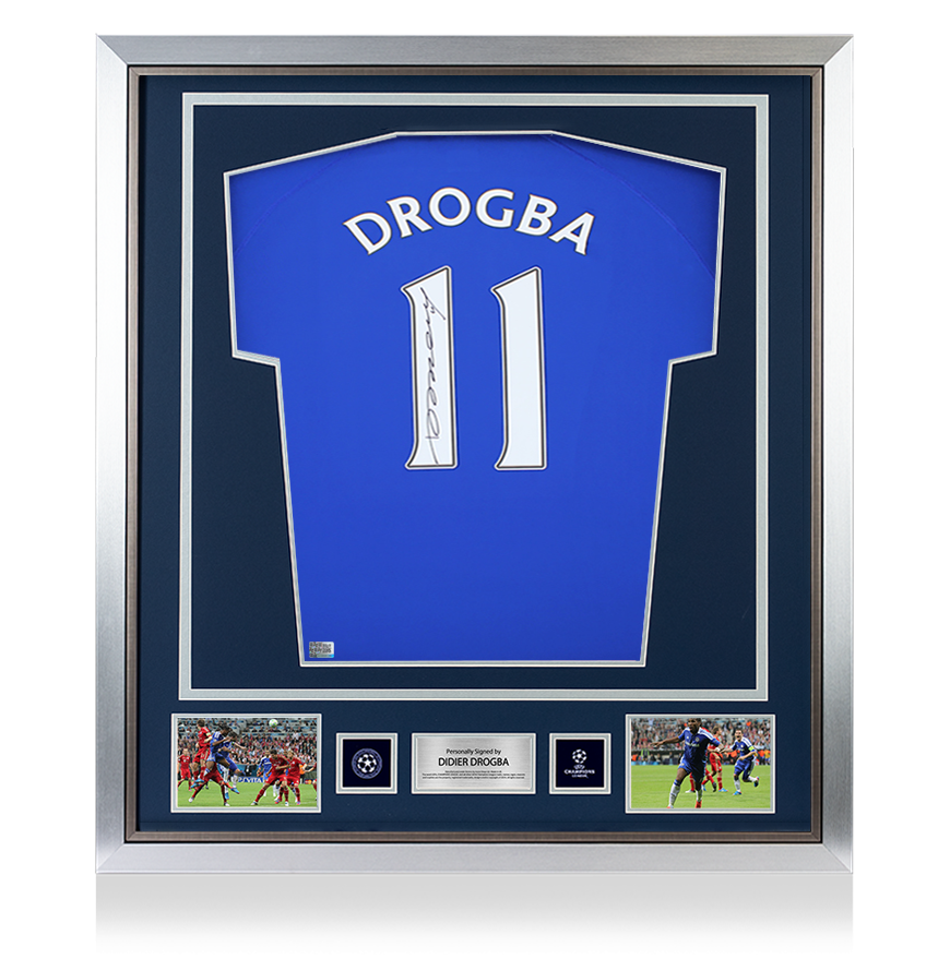 Didier Drogba Official UEFA Champions League Back Signed and Framed Chelsea T-Shirt with Fan Style Numbers