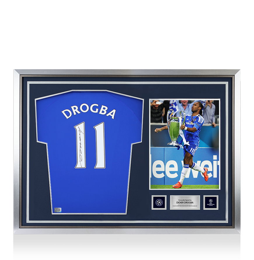 Didier Drogba Official UEFA Champions League Back Signed and Hero Framed Chelsea T-Shirt with Fan Style Numbers