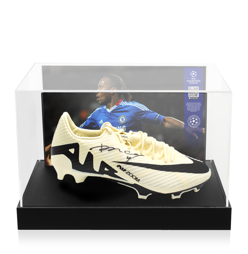 Didier Drogba Official UEFA Champions League Signed Nike Vapor Boot In Photo Acrylic Case: Option 1