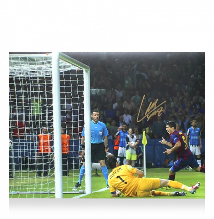 Luis Suarez ufficiale UEFA Champions League ha firmato e incorniciato FC Barcelona Foto: Gol finale 2015 vs Juventus