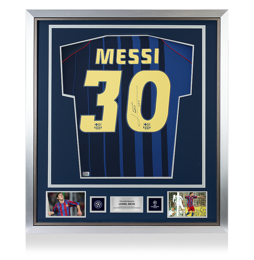 Lionel Messi Official UEFA Champions League Official Back Signed and Framed FC Barcelona 2004-05 Away Shirt