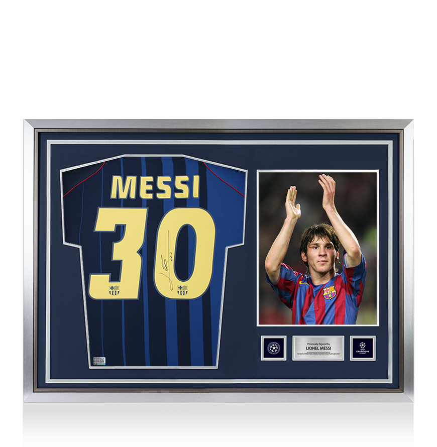 Lionel Messi Official UEFA Champions League Official Back Signed and Hero Framed FC Barcelona 2004-05 Away Shirt