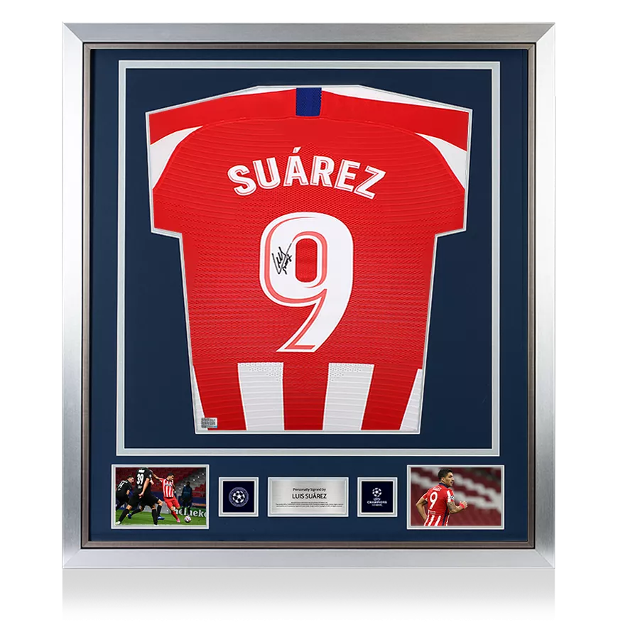 Luis Suarez Offizieller UEFA Champions League Back unterschrieben und gerahmt Atletico Madrid 2019-20 Home-Shirt mit Fan-Stil-Nummer