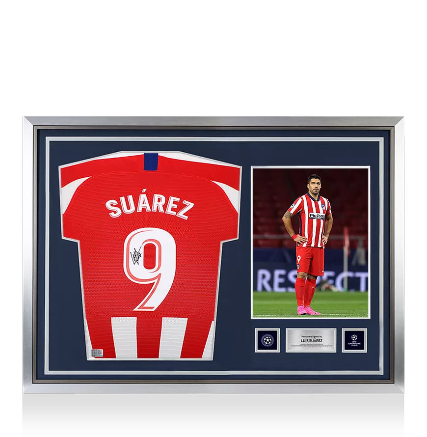 Luis Suarez Offizieller UEFA Champions League Back unterschrieben und Held-gerahmter Atletico Madrid 2019-20 Home-Shirt mit Fan-Stil-Nummer