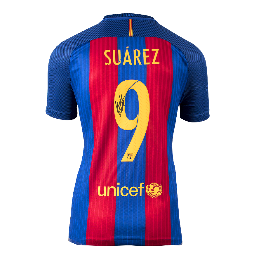 Luis Suarez Official UEFA Champions League Back Signed and Framed FC Barcelona 2016-17 Home Shirt