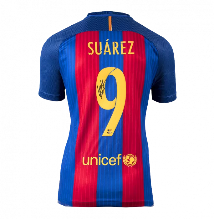 Luis Suarez Offizieller UEFA Champions League Back unterschrieben und gerahmt FC Barcelona 2016-17 Home-Shirt
