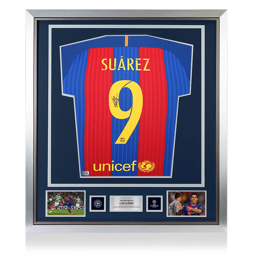 Luis Suarez Offizieller UEFA Champions League Back unterschrieben und gerahmt FC Barcelona 2016-17 Home-Shirt