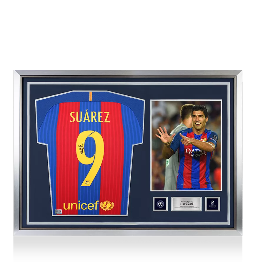 Luis Suarez officiel de l'UEFA Champions League en arrière signé et héros FC Barcelone 2016-17