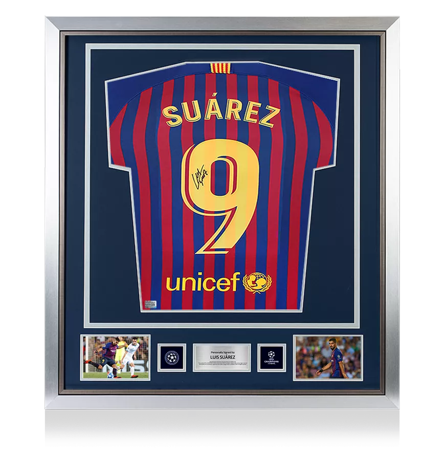 Luis Suarez Offizieller UEFA Champions League Back unterschrieben und gerahmt FC Barcelona 2018-19 Home-Shirt mit Fan-Stil-Nummer