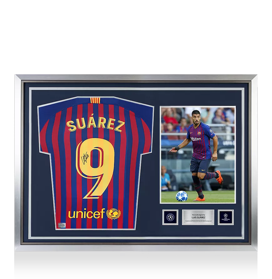 Luis Suarez Offizieller UEFA Champions League Back unterschrieben und Held-gerahmter FC Barcelona 2018-19 Home-Shirt mit Fan-Stil-Nummer