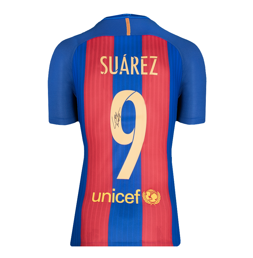 Luis Suarez Official UEFA Champions League Back Signed and Framed FC Barcelona 2016-17 Home Shirt with Fan Style Number