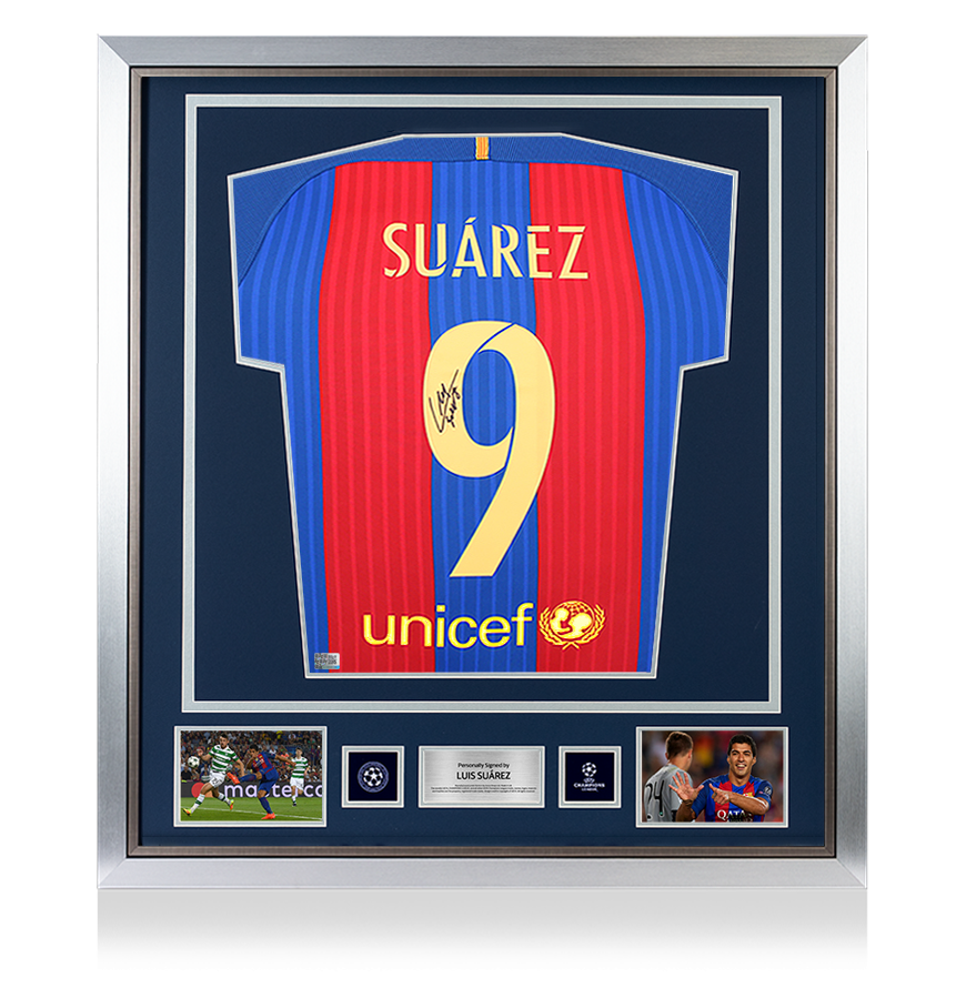 Luis Suarez Official UEFA Champions League Back Signed and Framed FC Barcelona 2016-17 Home Shirt with Fan Style Number