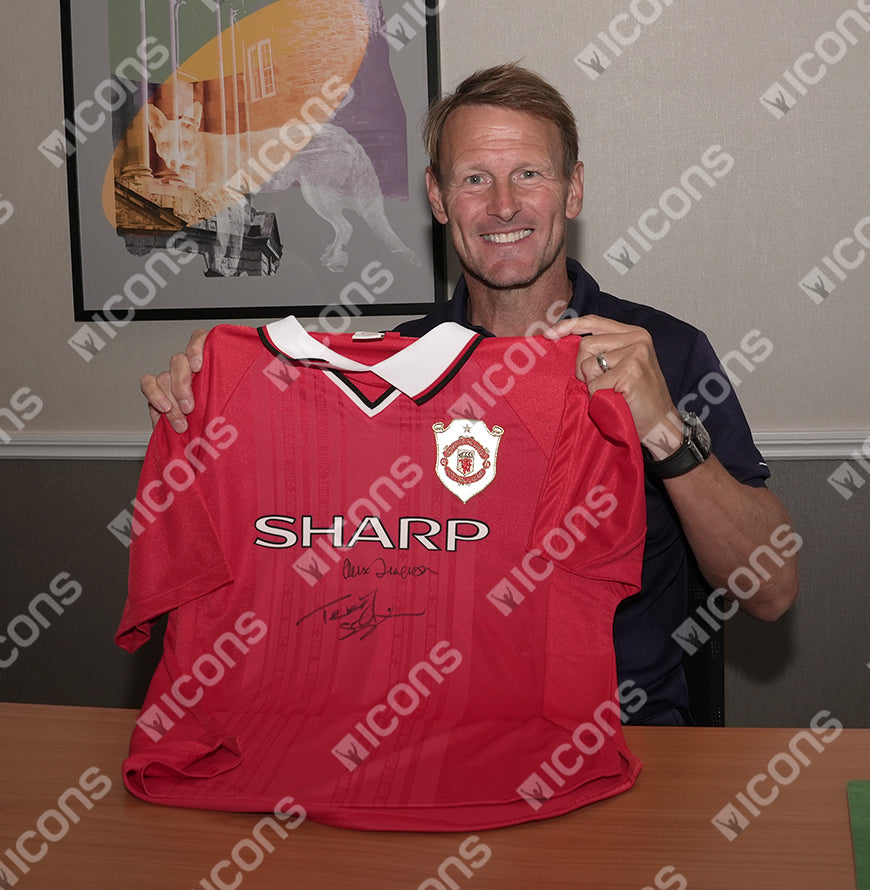 Teddy Sheringham & Sir Alex Ferguson Official UEFA Champions League Signed and Framed Manchester United 1999 Home Shirt