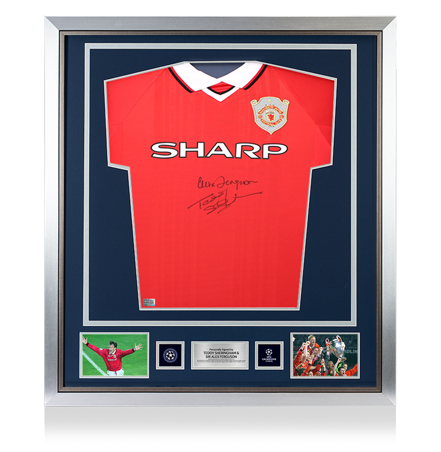 Teddy Sheringham & Sir Alex Ferguson Official UEFA Champions League Signed and Framed Manchester United 1999 Home Shirt