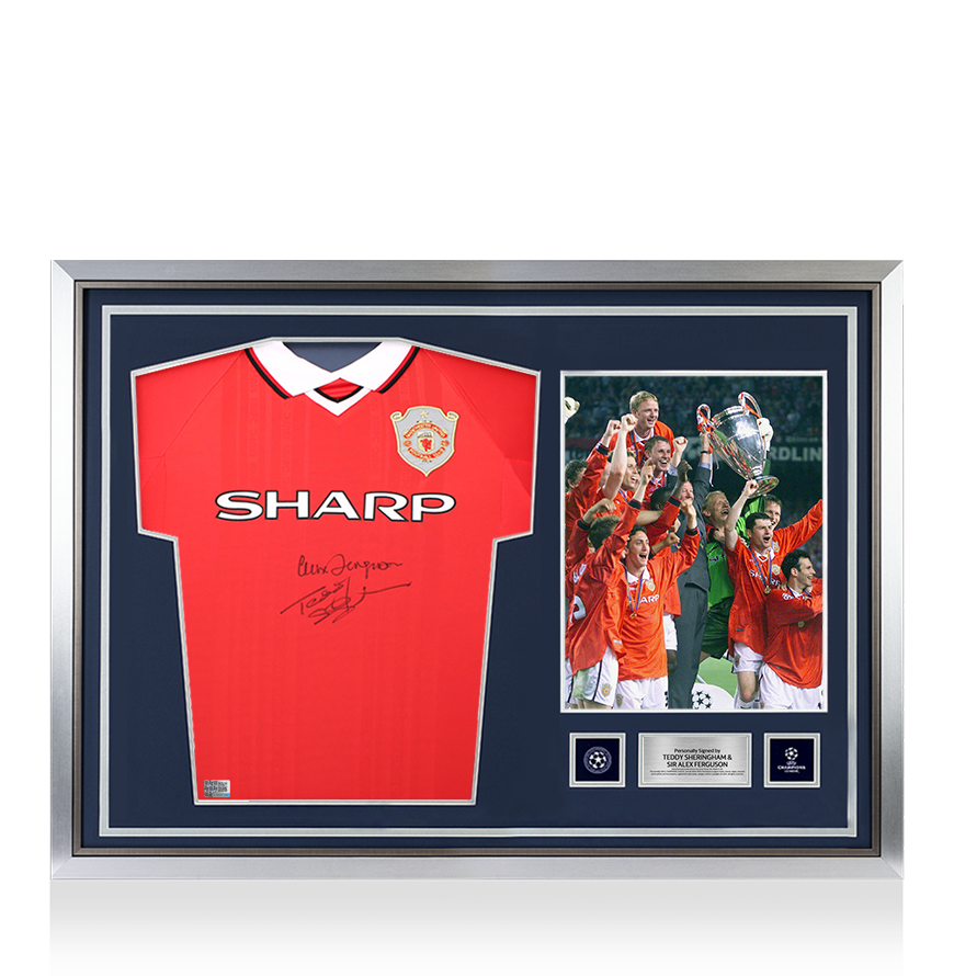 Teddy Sheringham & Sir Alex Ferguson Official UEFA Champions League Signed and Hero Framed Manchester United 1999 Home Shirt