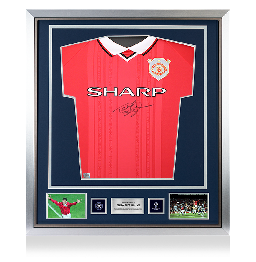 Teddy Sheringham Official UEFA Champions League Front Signed and Framed Manchester United 1999 Home Shirt