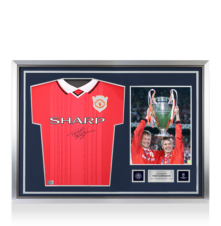 Teddy Sheringham Official UEFA Champions League Front Signed and Hero Framed Manchester United 1999 Home Shirt