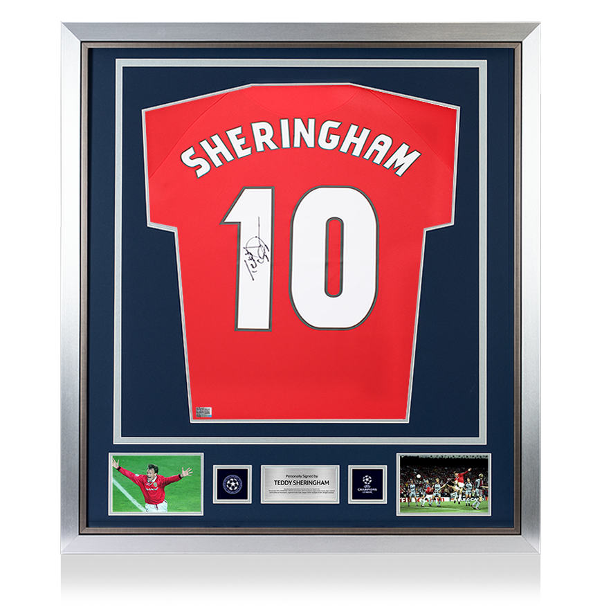 Teddy Sheringham Official UEFA Champions League Back Signed and Framed Manchester United 1999 Home Shirt