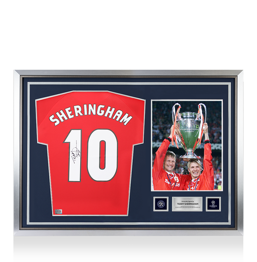 Teddy Sheringham Official UEFA Champions League Back Signed and Hero Framed Manchester United 1999 Home Shirt