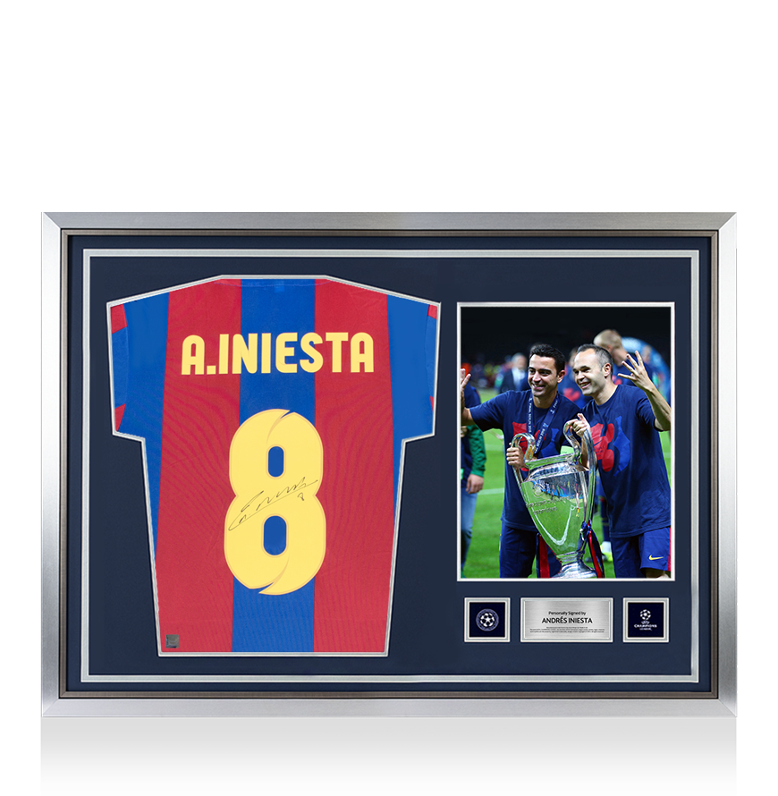 Andres Iniesta Official UEFA Champions League Back Signed and Hero Framed Retro FC Barcelona Home Shirt