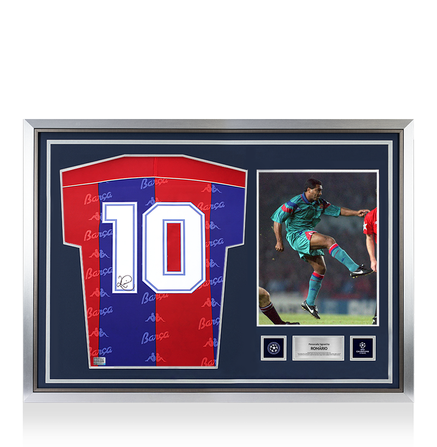 Romario Official UEFA Champions League Back Signed and Hero Framed FC Barcelona 1992-95 Home Shirt with Fan Style Numbers