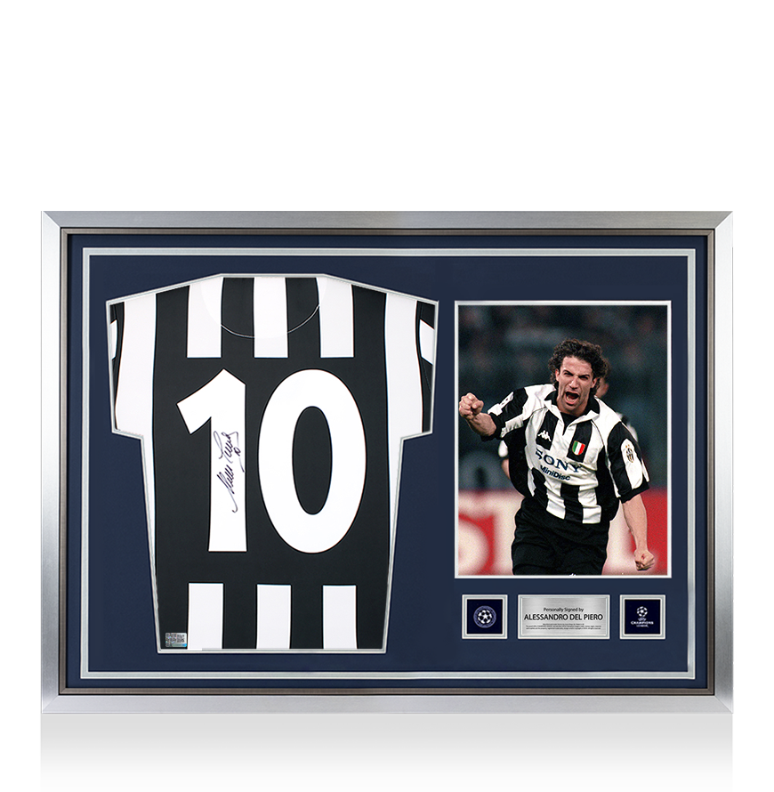 Alessandro Del Piero Official UEFA Champions League Back Signed and Hero Framed Juventus 1994-95 Home Shirt With Fan Style Numbers