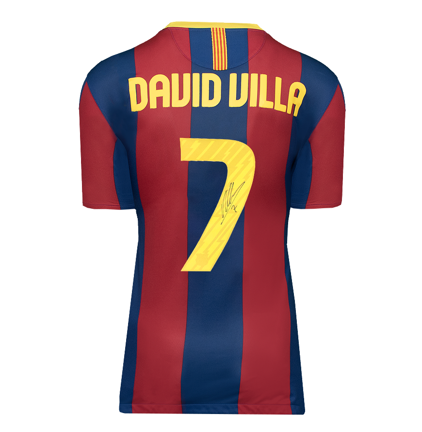 David Villa Official UEFA Champions League Back Signed and Framed FC Barcelona 2010-11 Home Shirt with Fan Style Number