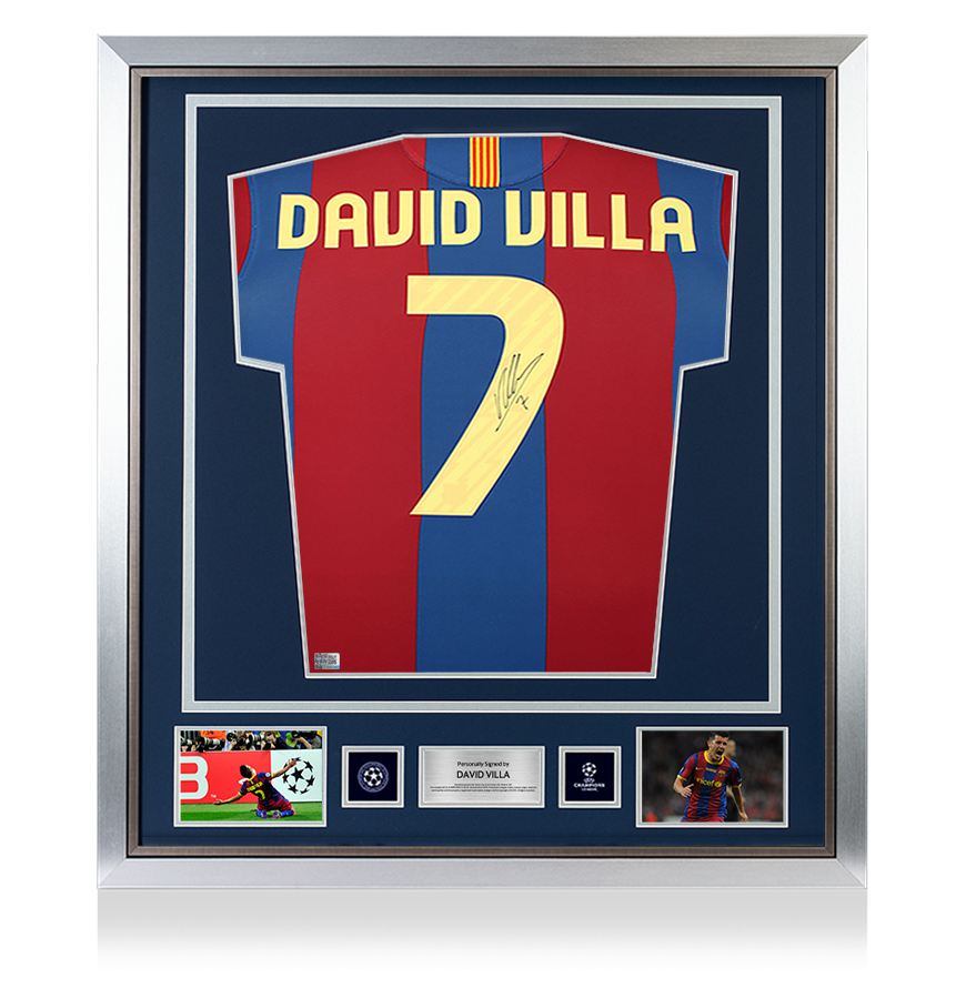 David Villa Official UEFA Champions League Back Signed and Framed FC Barcelona 2010-11 Home Shirt with Fan Style Number
