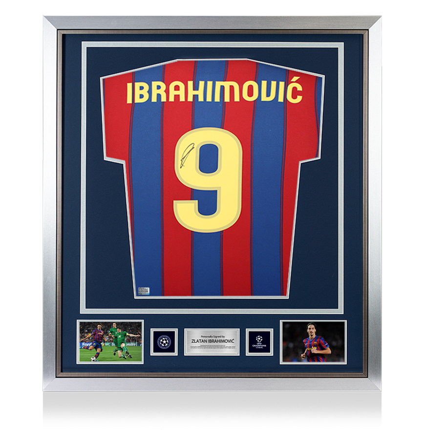 Zlatan Ibrahimovic Official UEFA Champions League Back Signed and Framed FC Barcelona 2009-10 Home Shirt with Fan Style Number