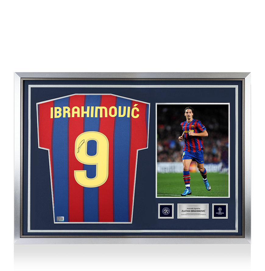 Zlatan Ibrahimovic Official UEFA Champions League Back Signed and Hero Framed FC Barcelona 2009-10 Home Shirt with Fan Style Number