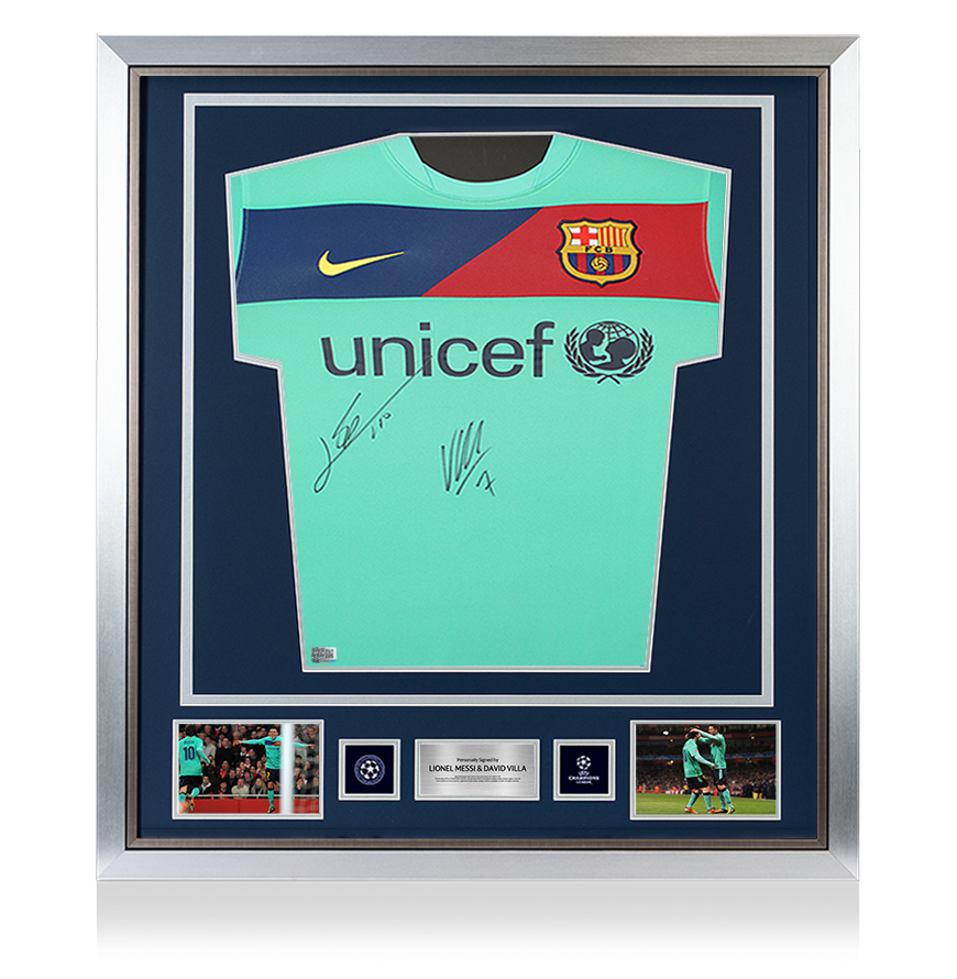 Lionel Messi & David Villa Official UEFA Champions League Front Signed and Framed FC Barcelona 2010-11 Away Shirt