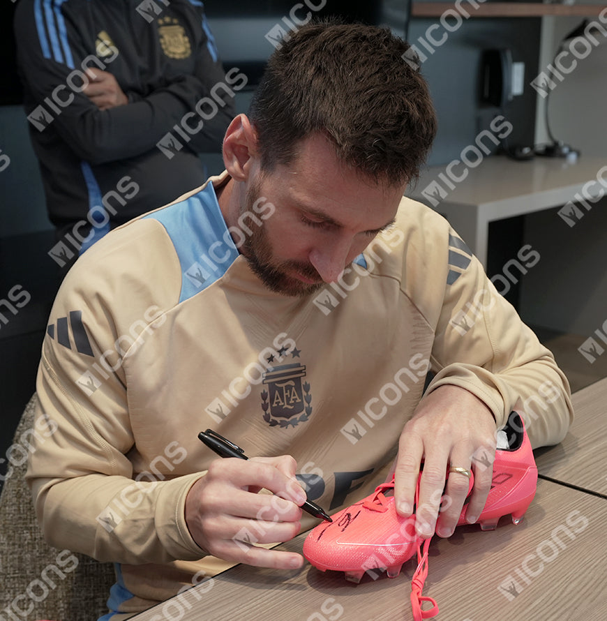 Lionel Messi Official UEFA Champions League Signed adidas F50 Pro FG Firm Ground Boot  In Photo Acrylic Case: Option 1