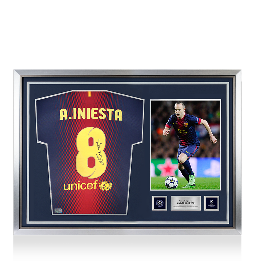 Andres Iniesta Official UEFA Champions League Back Signed and Hero Framed FC Barcelona 2012-13 Home Shirt