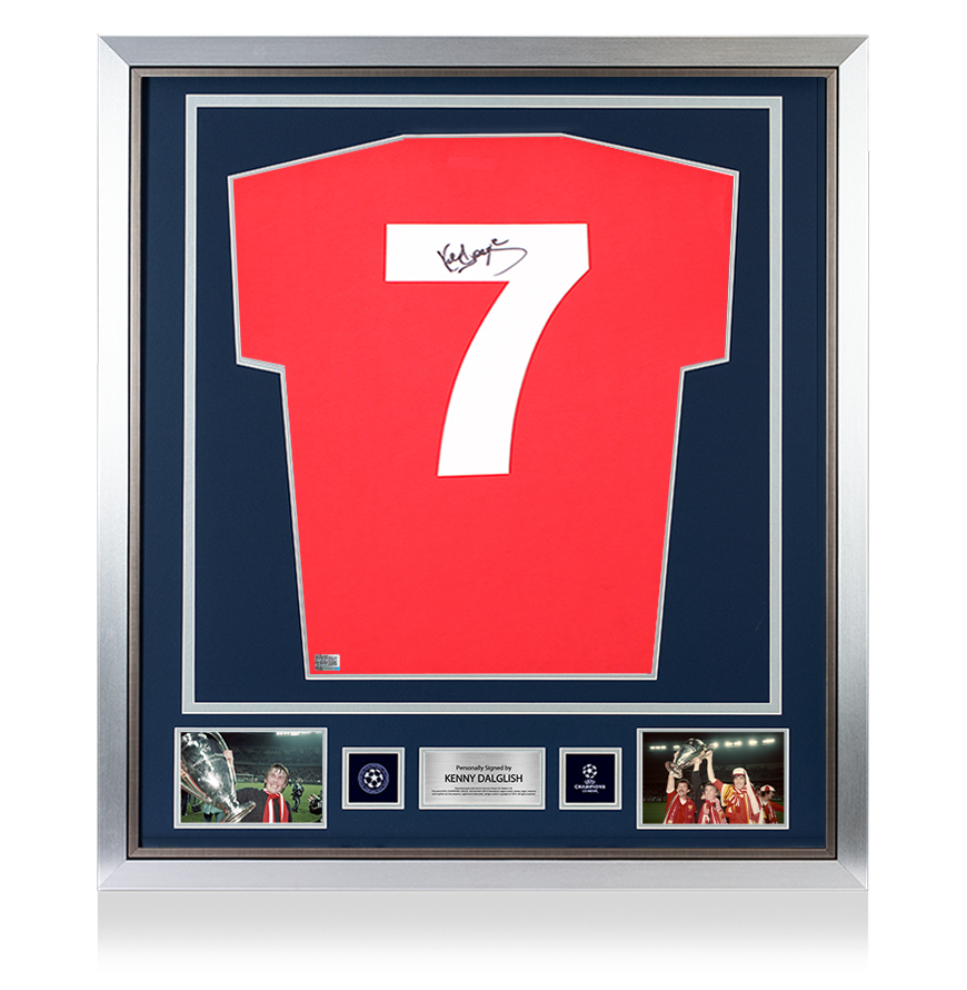 Maillot domicile officiel de l'UEFA Champions League signé et encadré par Kenny Dalglish du Liverpool FC 1978