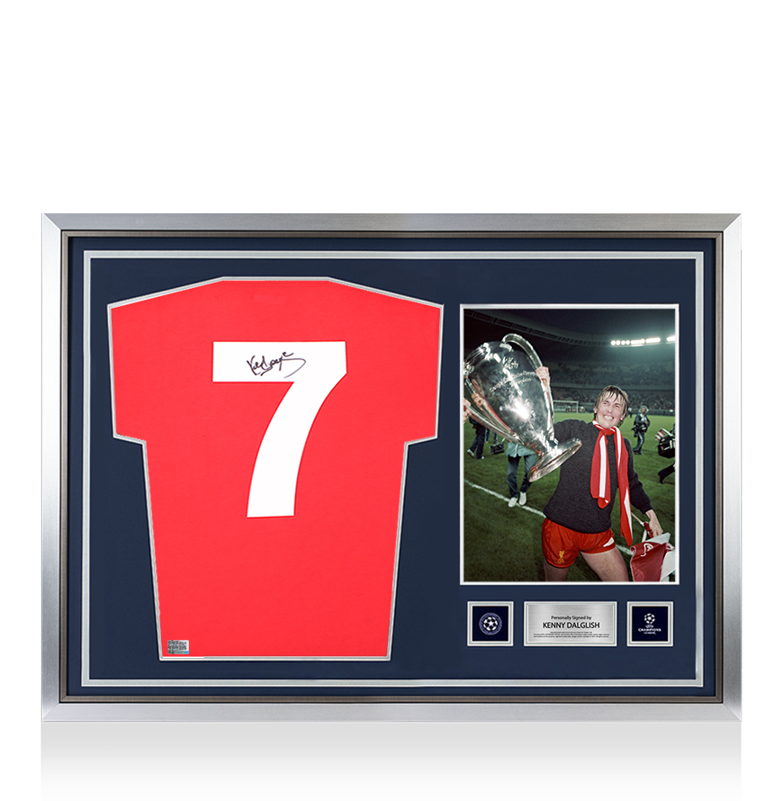 Maillot officiel de l'UEFA Champions League signé par Kenny Dalglish et encadré par le héros du Liverpool FC 1978