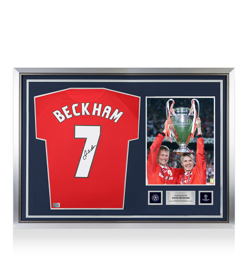 David Beckham Official UEFA Champions League Back Signed and Hero Framed Manchester United 1999 Home Shirt