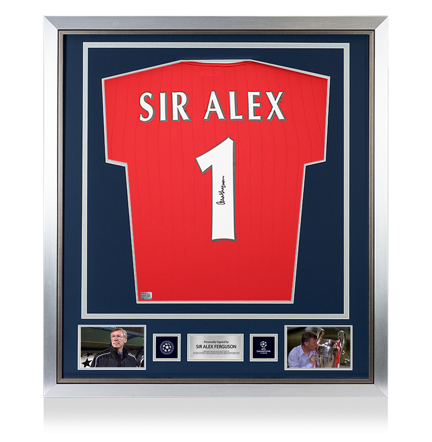 Sir Alex Ferguson Official UEFA Champions League Ferguson Back Signed and Framed Manchester United 2022-23 Home Shirt