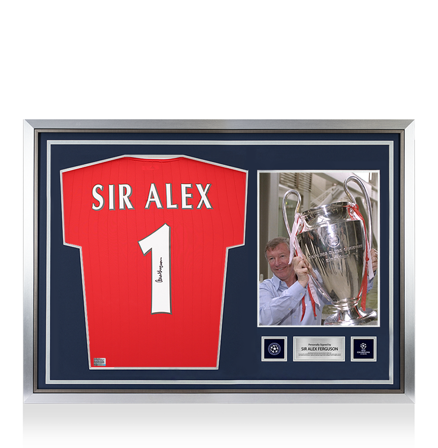 Sir Alex Ferguson Official UEFA Champions League Ferguson Back Signed and Hero Framed Manchester United 2022-23 Home Shirt