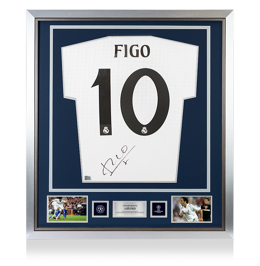 Luis Figo Official UEFA Champions League Back Signed and Framed Real Madrid 2024-25 Home Shirt