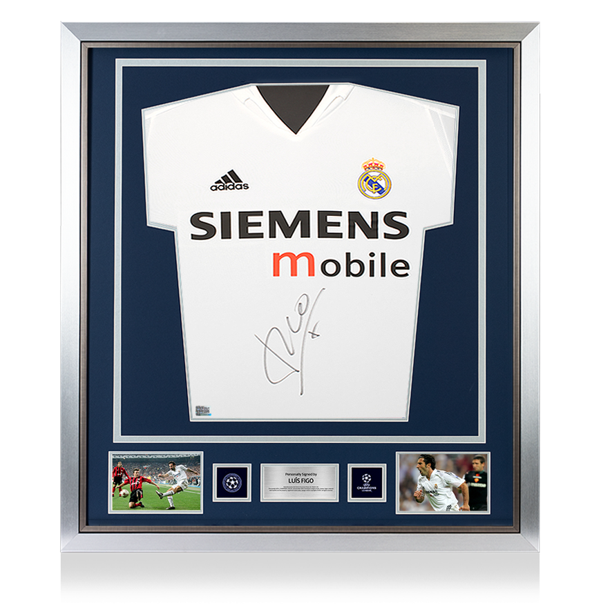Luis Figo Official UEFA Champions League Front Signed and Framed Real Madrid 2004-05 Home Shirt - Long Sleeved
