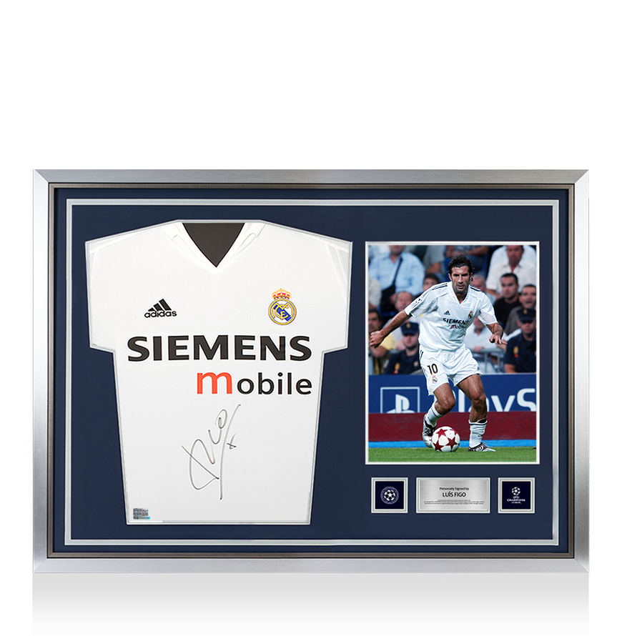 Luis Figo Official UEFA Champions League Front Signed and Hero Framed Real Madrid 2004-05 Home Shirt - Long Sleeved