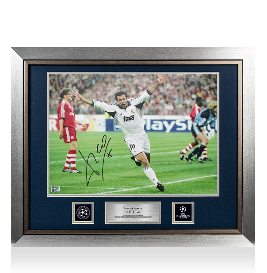 Luis Figo Official UEFA Champions League Signed and Framed Real Madrid Photo: Champions League Goal