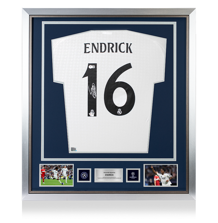 Endrick Official UEFA Champions League Back Signed and Framed Real Madrid CF 2024-25 Home Shirt