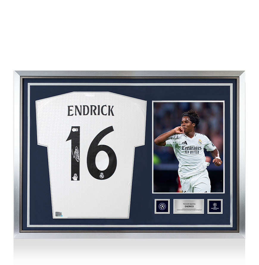 Endrick Official UEFA Champions League Back Signed and Hero Framed Real Madrid CF 2024-25 Home Shirt