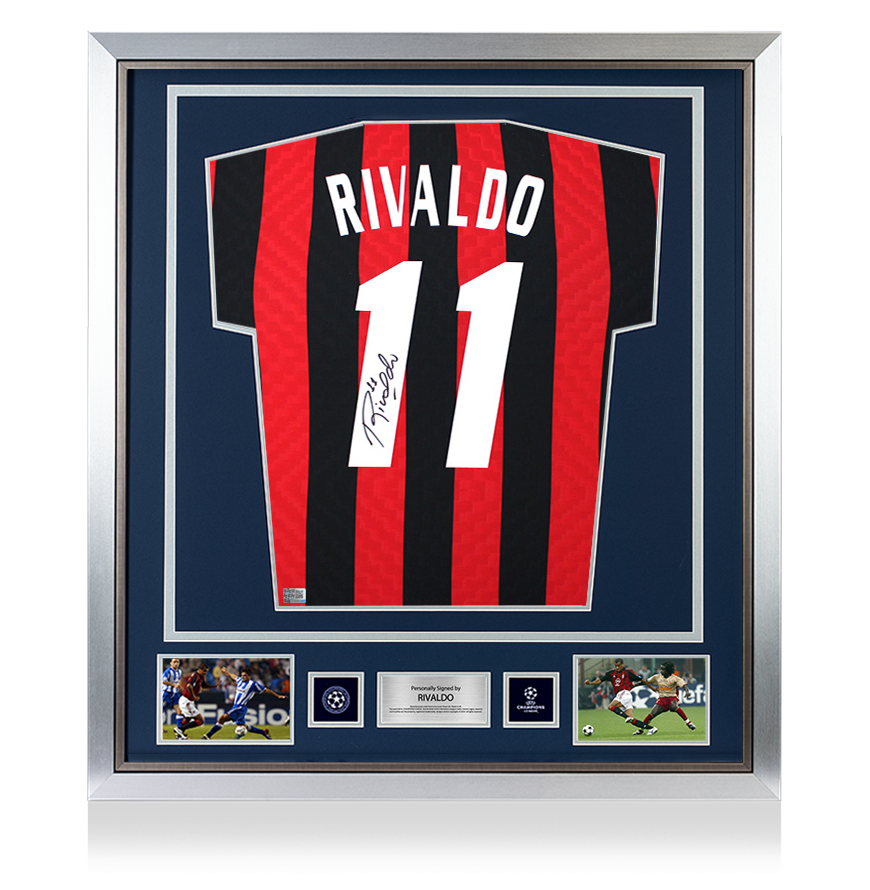 PRE-FRAMED Rivaldo Official UEFA Champions League Back Signed and Framed AC Milan Retro Home Shirt