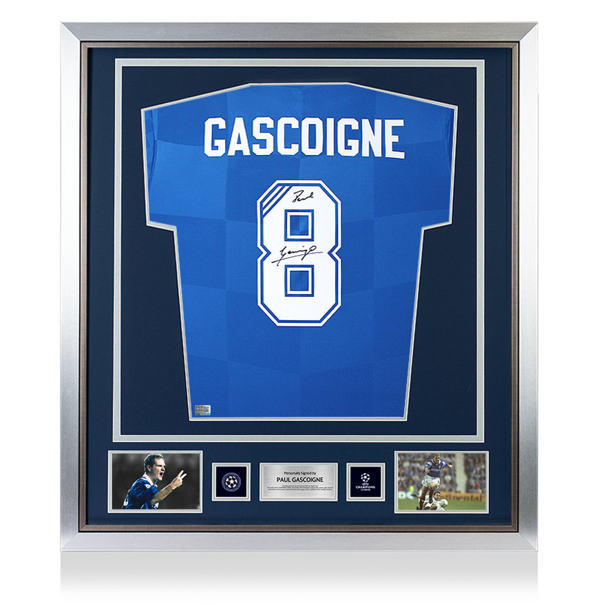 Paul Gascoigne Official UEFA Champions League Back Signed and Framed Rangers 2016-17 Home Shirt