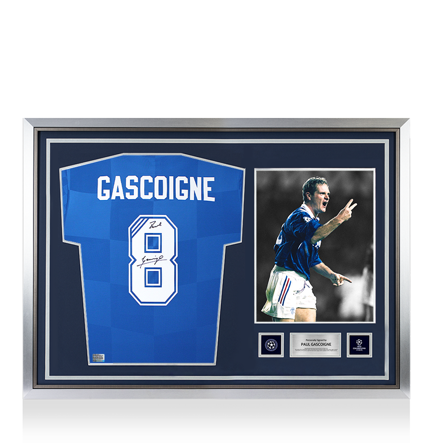 Paul Gascoigne Official UEFA Champions League Back Signed and Hero Framed Rangers 2016-17 Home Shirt