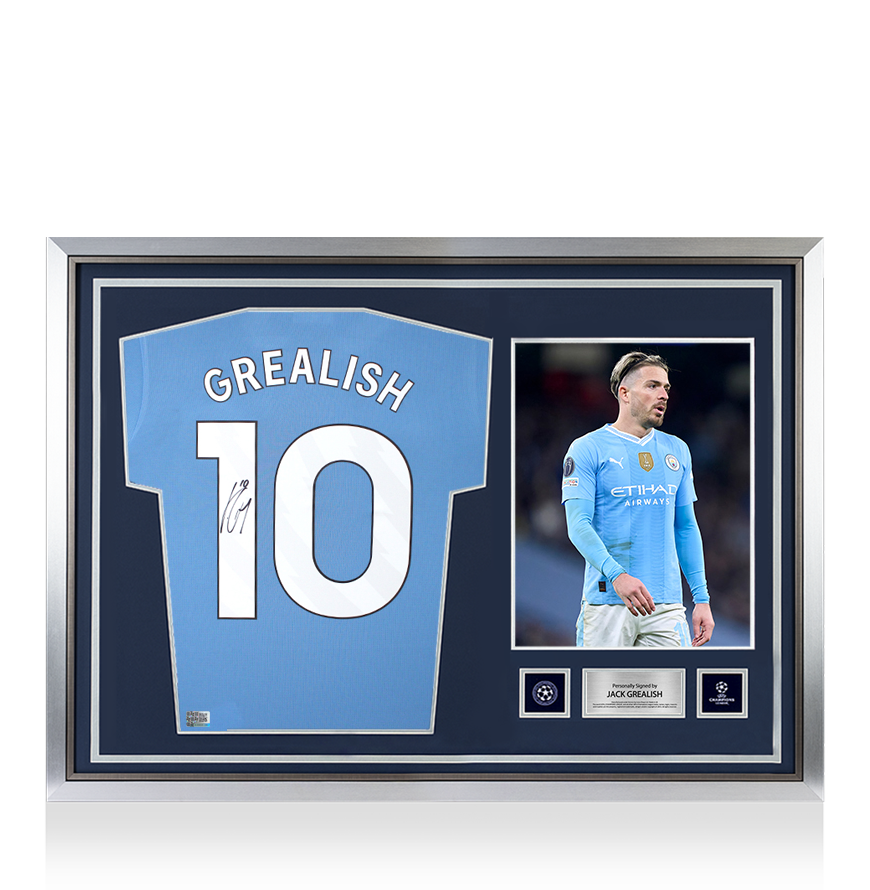 Maillot officiel de l'UEFA Champions League signé et encadré par Jack Grealish pour Manchester City 2024-25